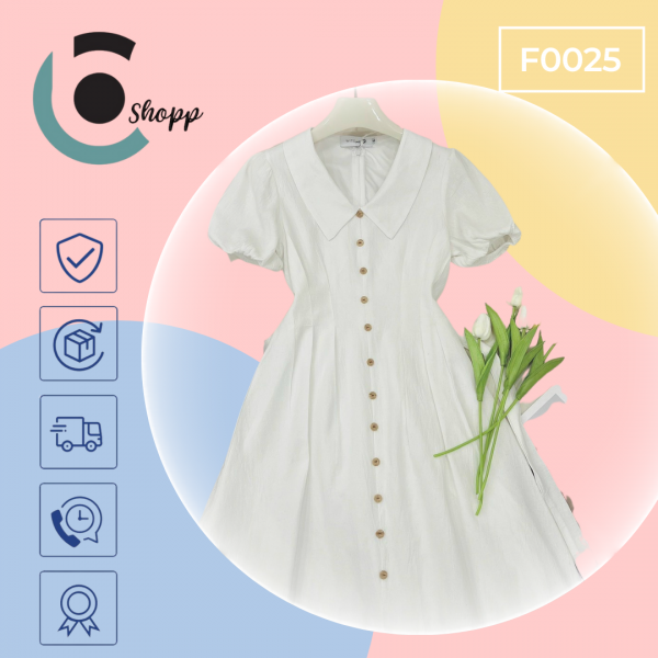 Đầm midi trắng cổ sen (F0025) cao cấp